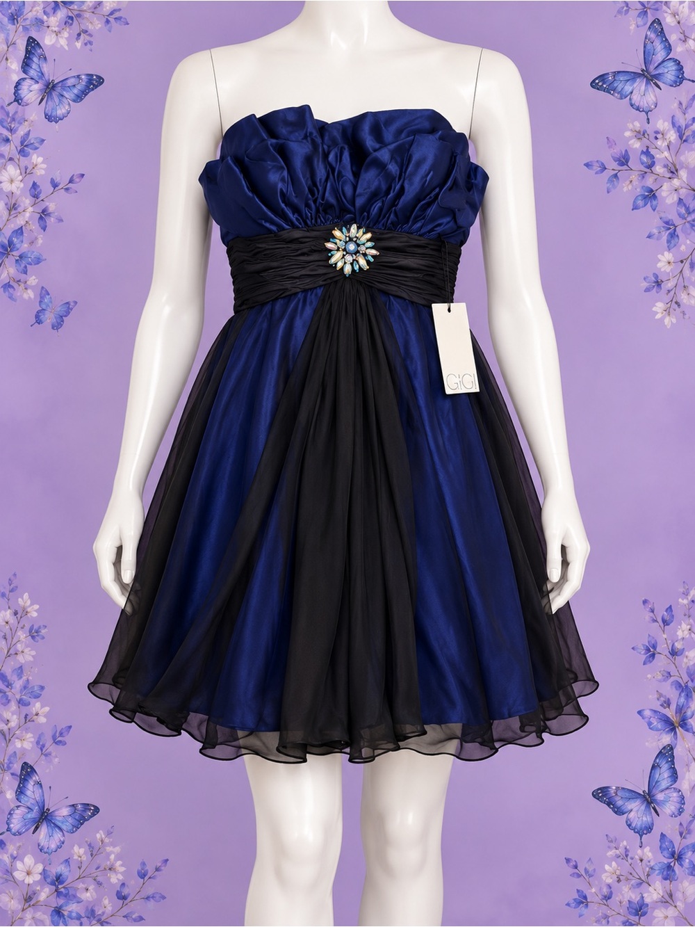 GIGI Strapless Navy and Black Cocktail Dress with Embellished Waist